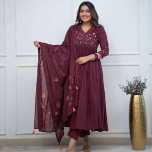 Women's Cotton Embroidered Long Anarkali Kurti With Pant and Dupatta Set