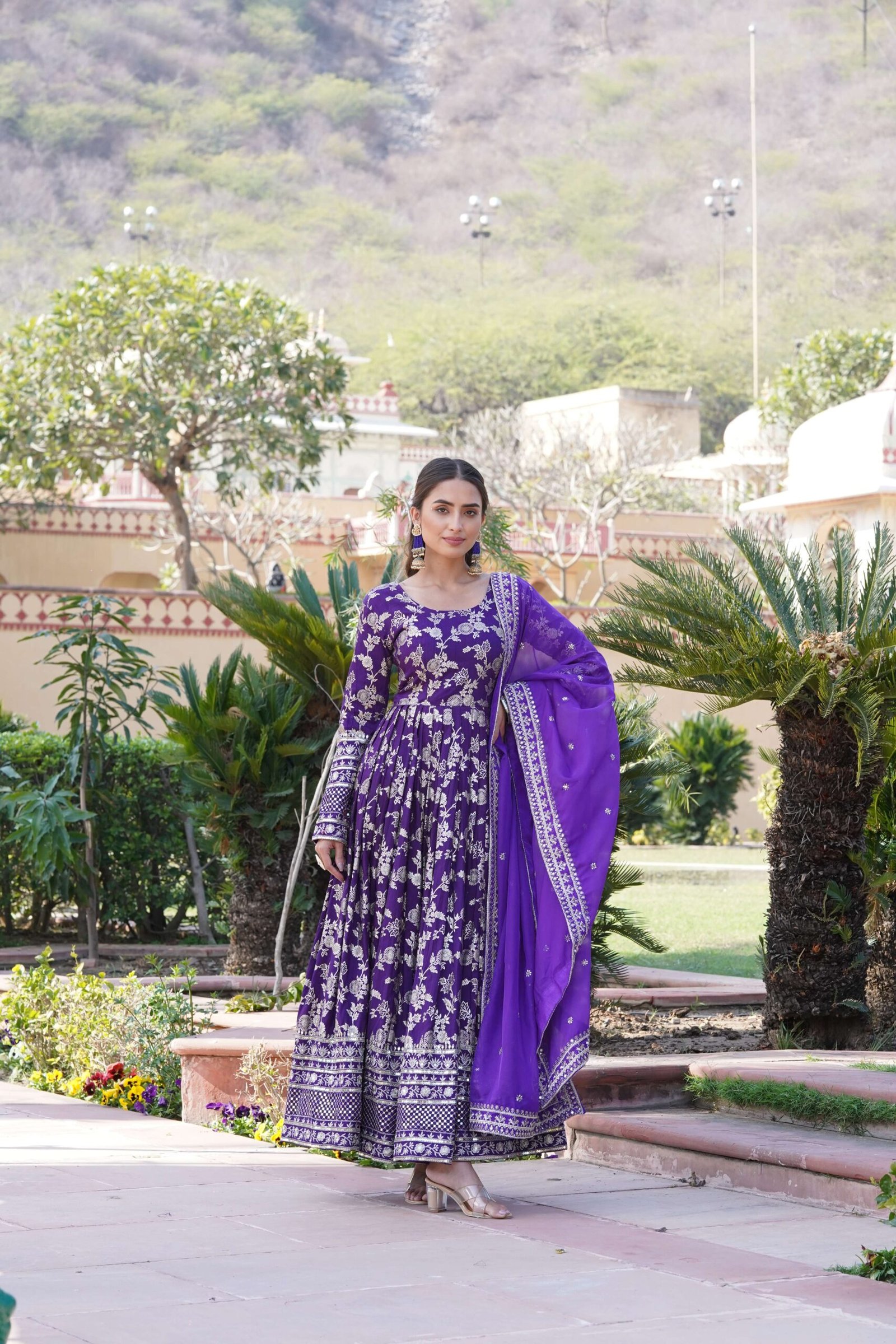 Purple Viscose Dyable Jacquard Gown with Russian Silk Sequined Dupatta ? Elegant Party & Wedding Set - Image 4