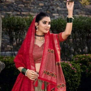 Green Tussar Silk Lehenga Choli with Red Blouse | Floral & Foil Print | Wedding & Festive Wear
