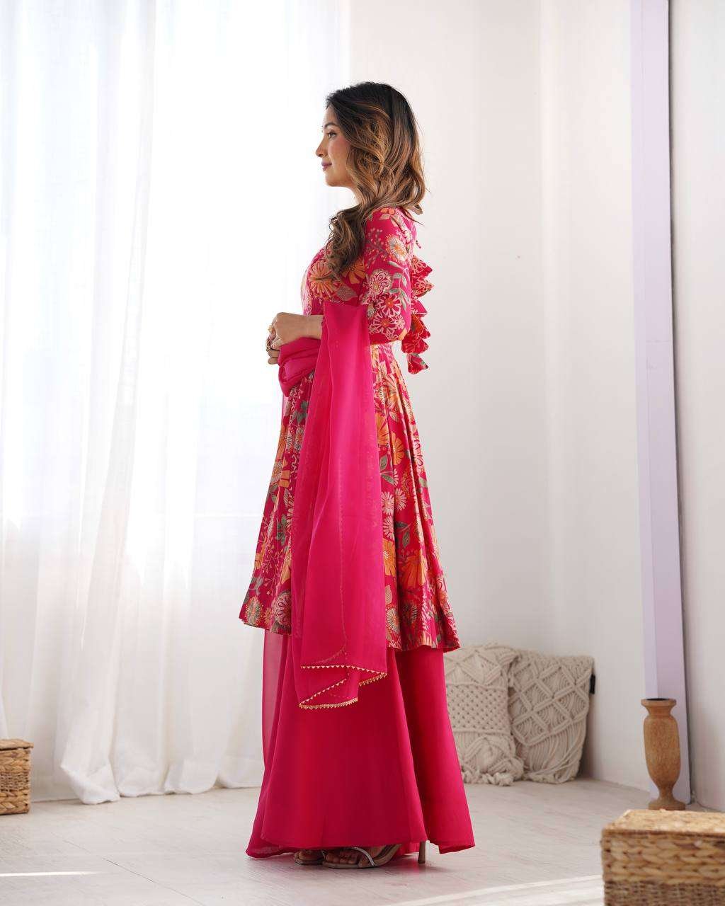Women's Pure Romansilk Chanderi Printed Anarkali Kurti With Palazzo & Dupatta Set - Image 7