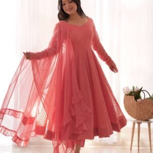 Womens Pure Romansilk Chanderi Embroidered Anarkali Kurti With Dupatta & Pant Set