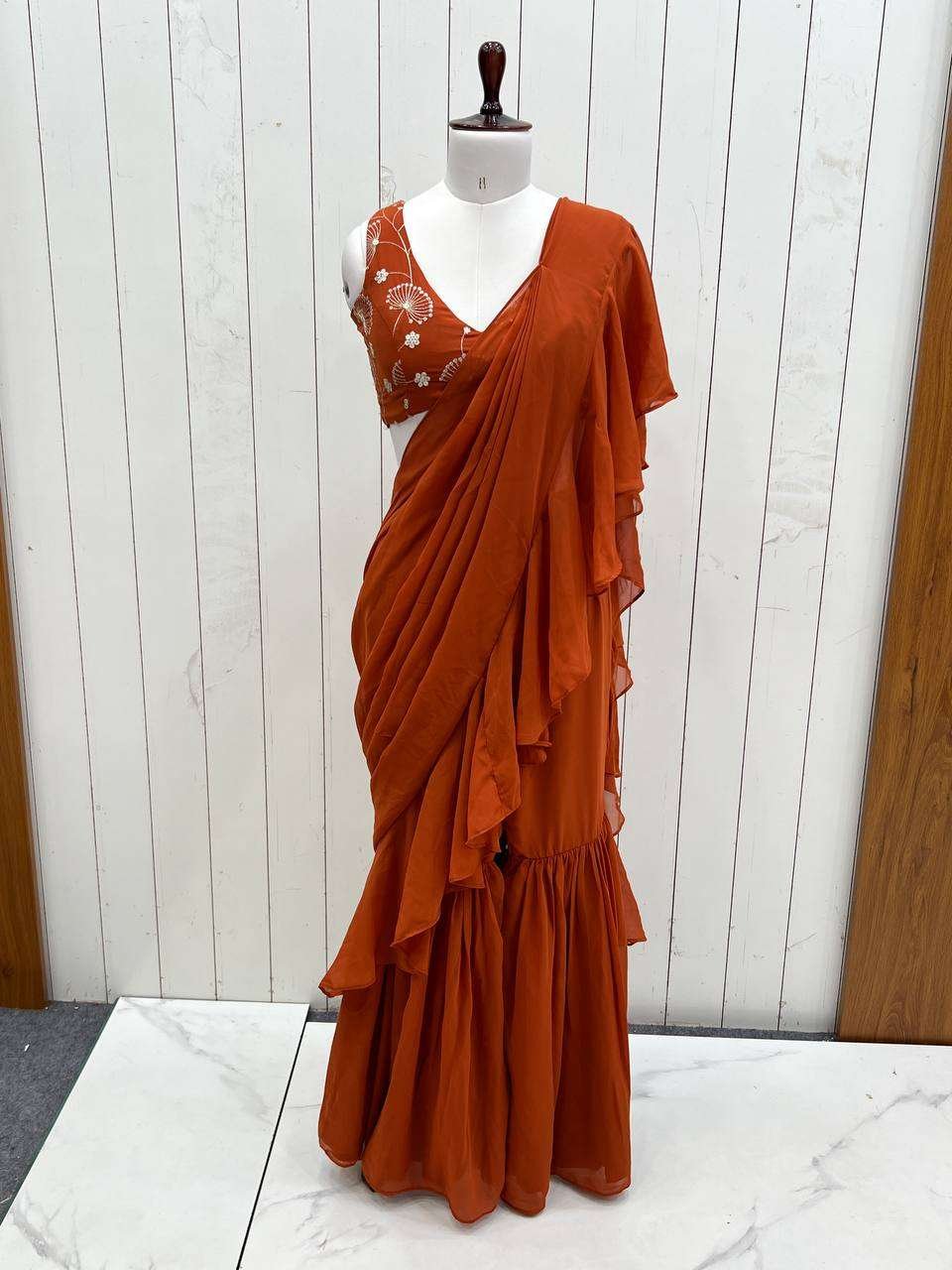 Women's Pure Romansilk Chanderi Embroidered Crop Top With Ruffled Sharara & Draped Dupatta Set - Image 5