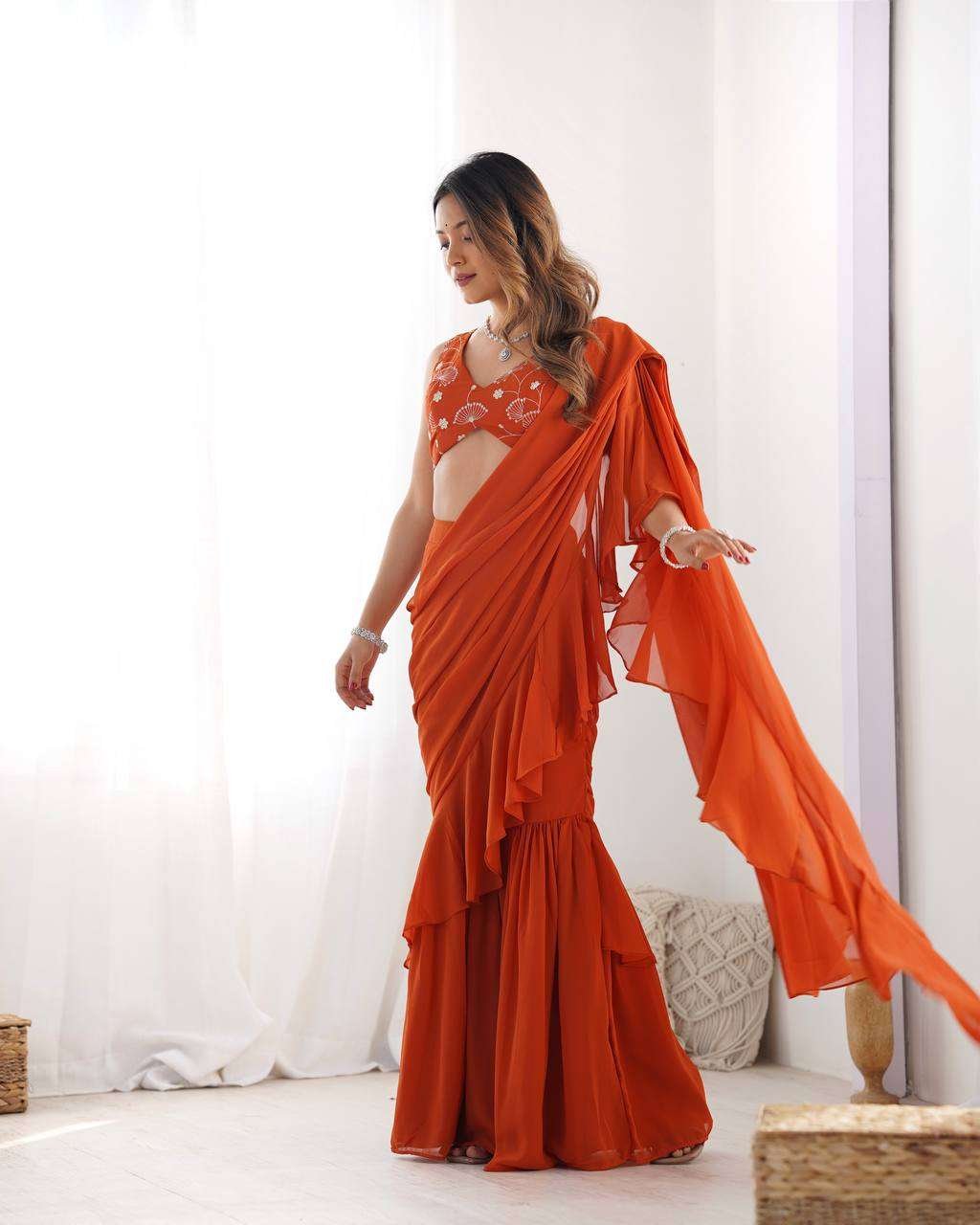 Women's Pure Romansilk Chanderi Embroidered Crop Top With Ruffled Sharara & Draped Dupatta Set - Image 2