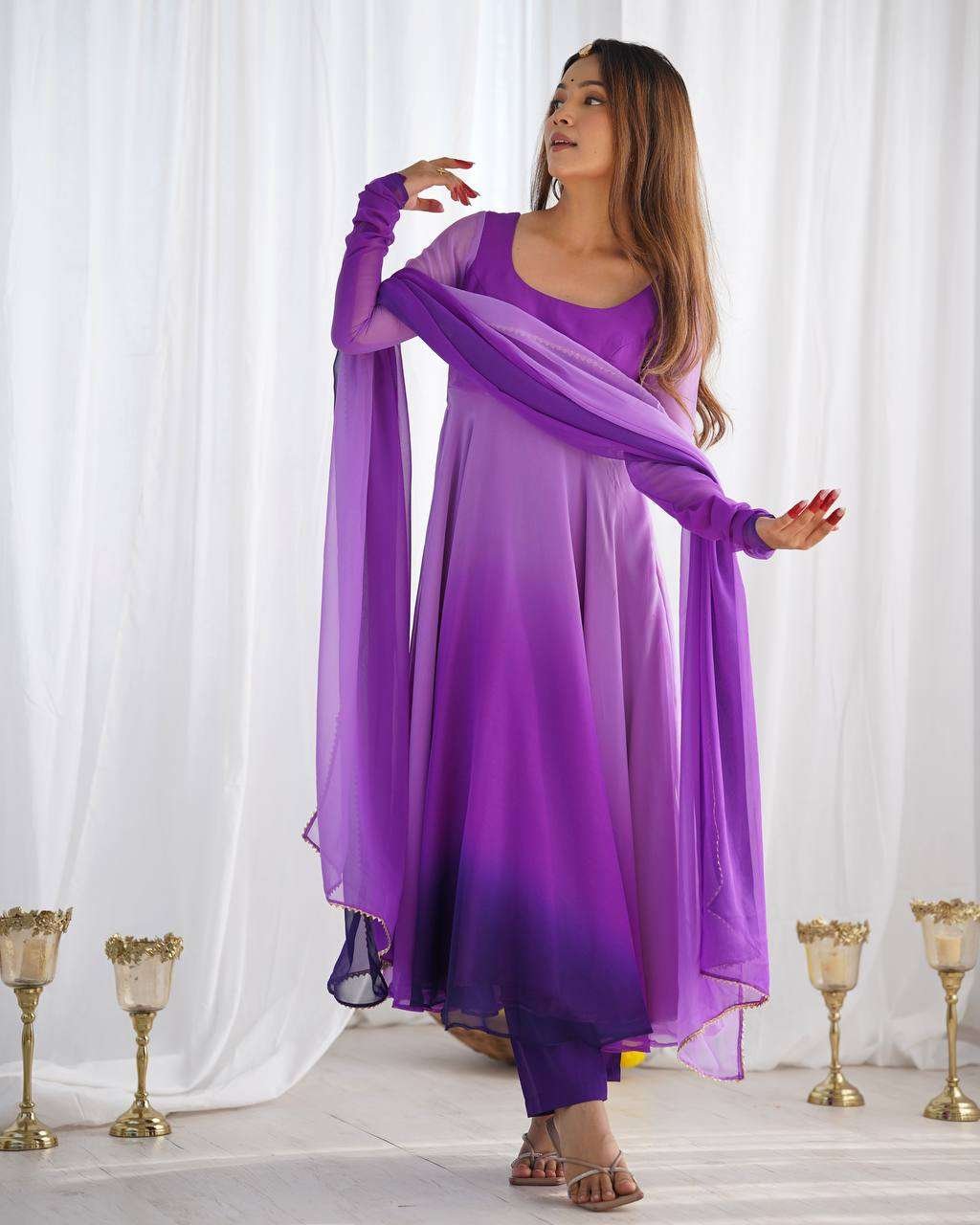 Women's Pure Romansilk Chanderi Tie-Dye Anarkali Kurti Pant With Dupatta Set