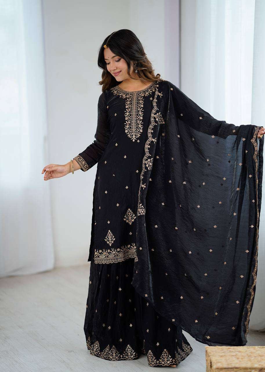 Women's Pure Romansilk Chanderi Embroidered Kurti With Sharara & Dupatta Set