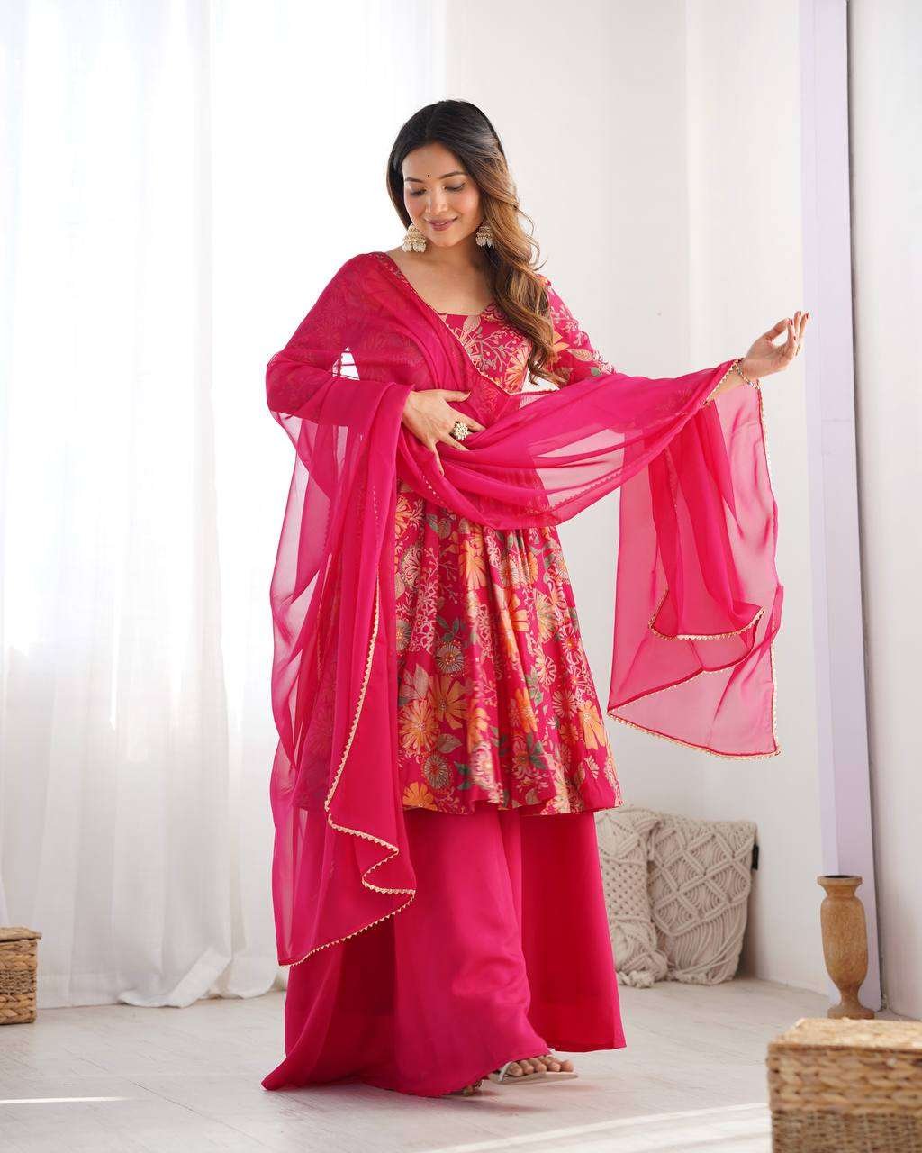 Women's Pure Romansilk Chanderi Printed Anarkali Kurti With Palazzo & Dupatta Set