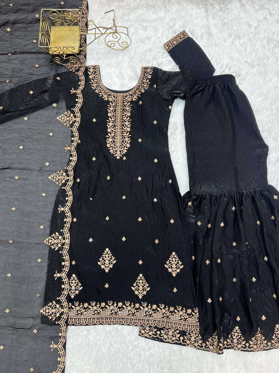 Women's Pure Romansilk Chanderi Embroidered Kurti With Sharara & Dupatta Set - Image 2