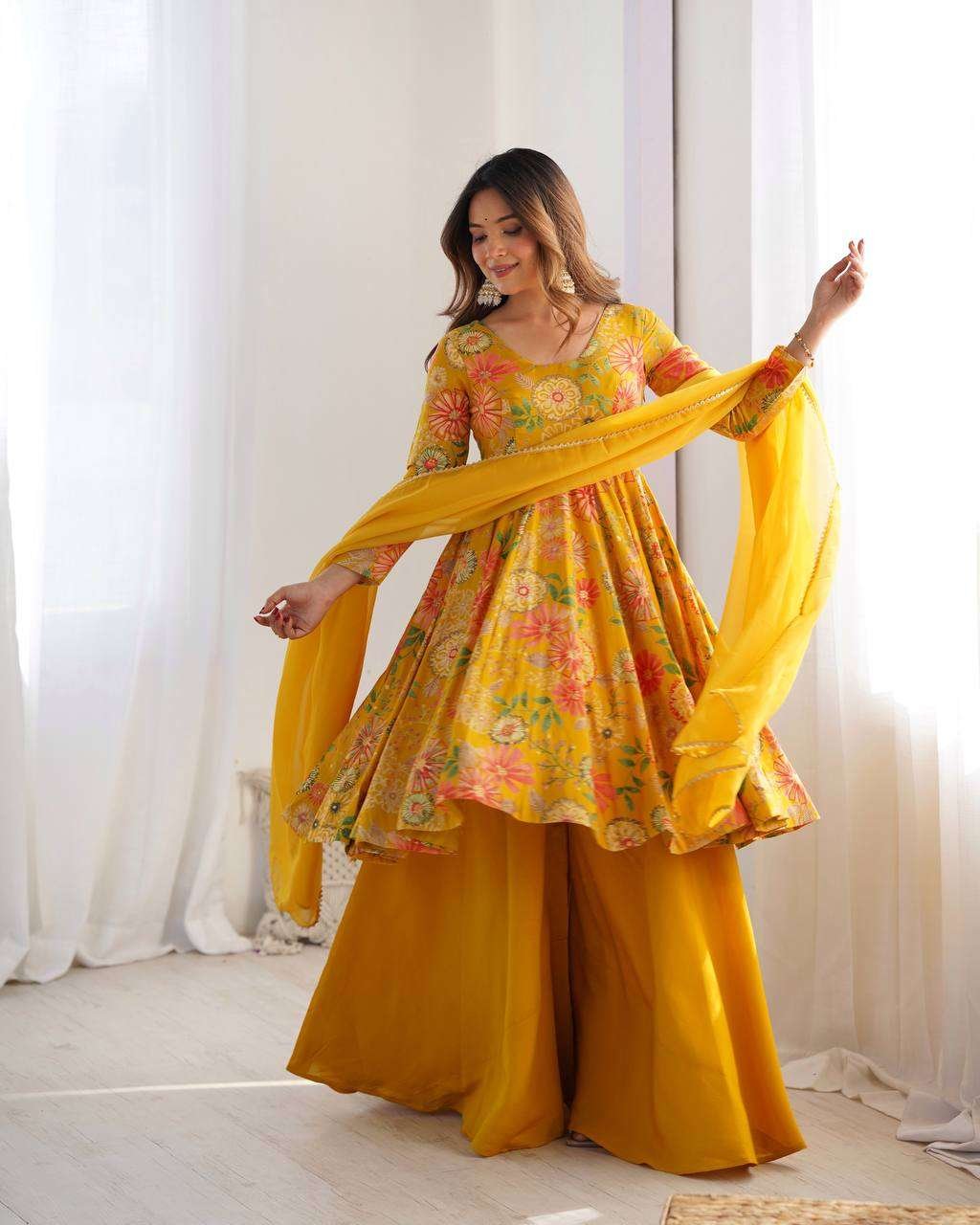 Women's Pure Romansilk Chanderi Printed Anarkali Kurti With Palazzo & Dupatta Set