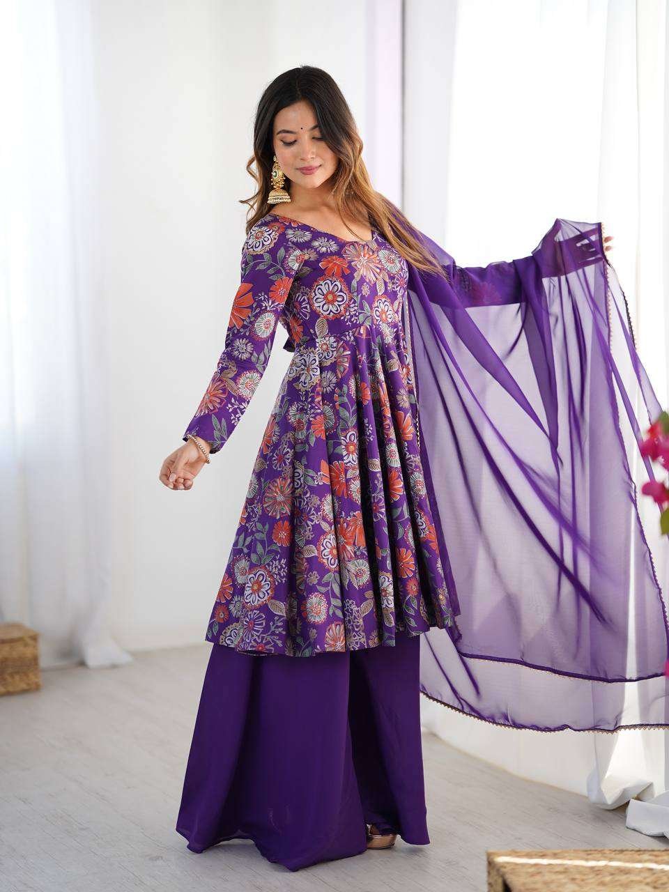 Women's Pure Romansilk Chanderi Printed Anarkali Kurti With Palazzo & Dupatta Set - Image 6